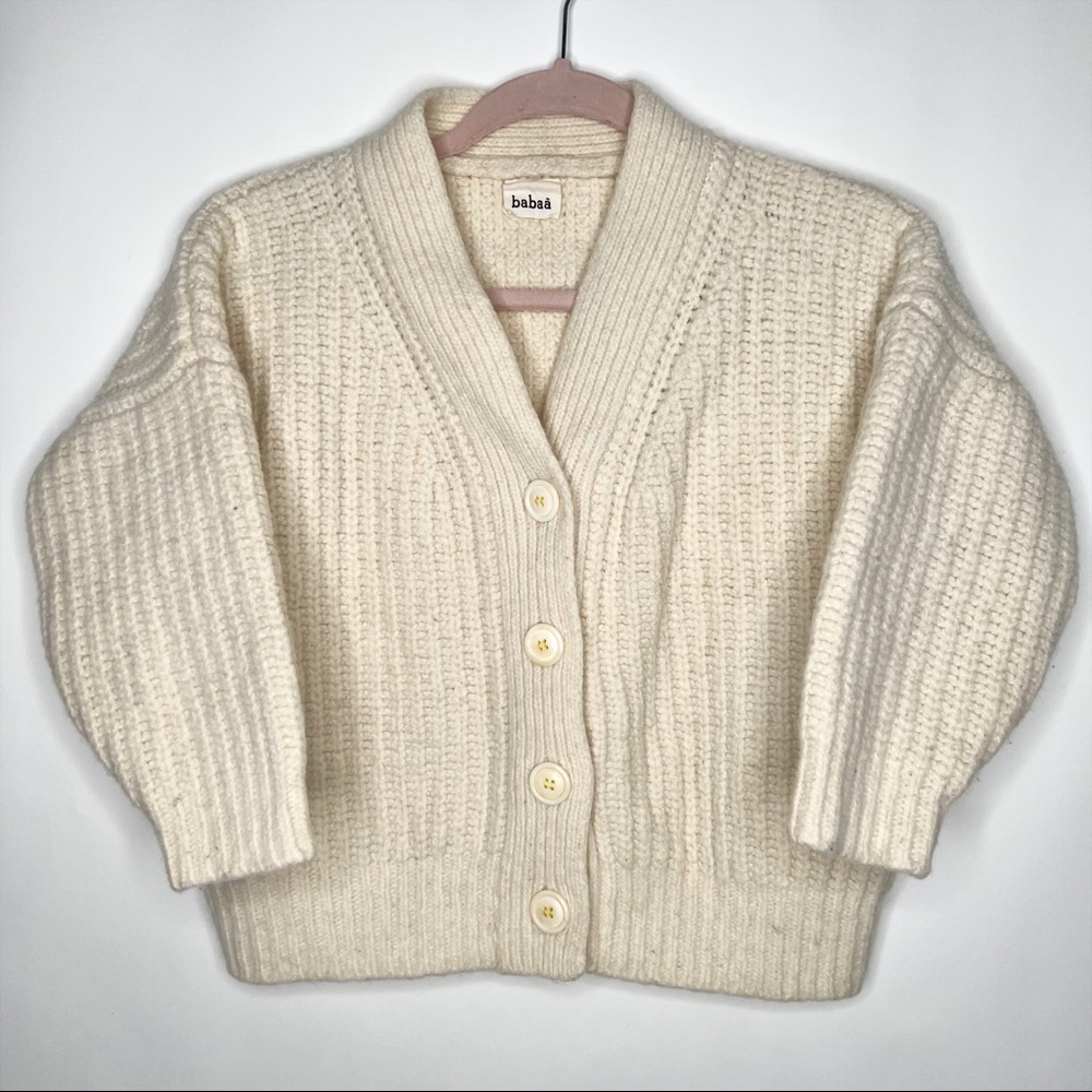 Babaa Mini Cardigan Cream Natural Wool Ribbed Cropped Classic Neutral XS Small